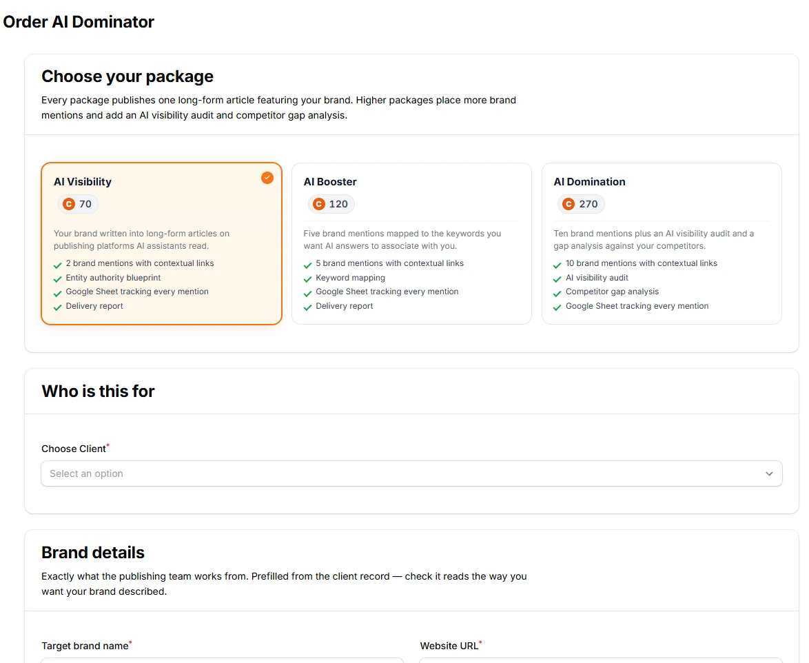 The AI Dominator order screen: three packages with their brand-mention counts, then the client and brand details.