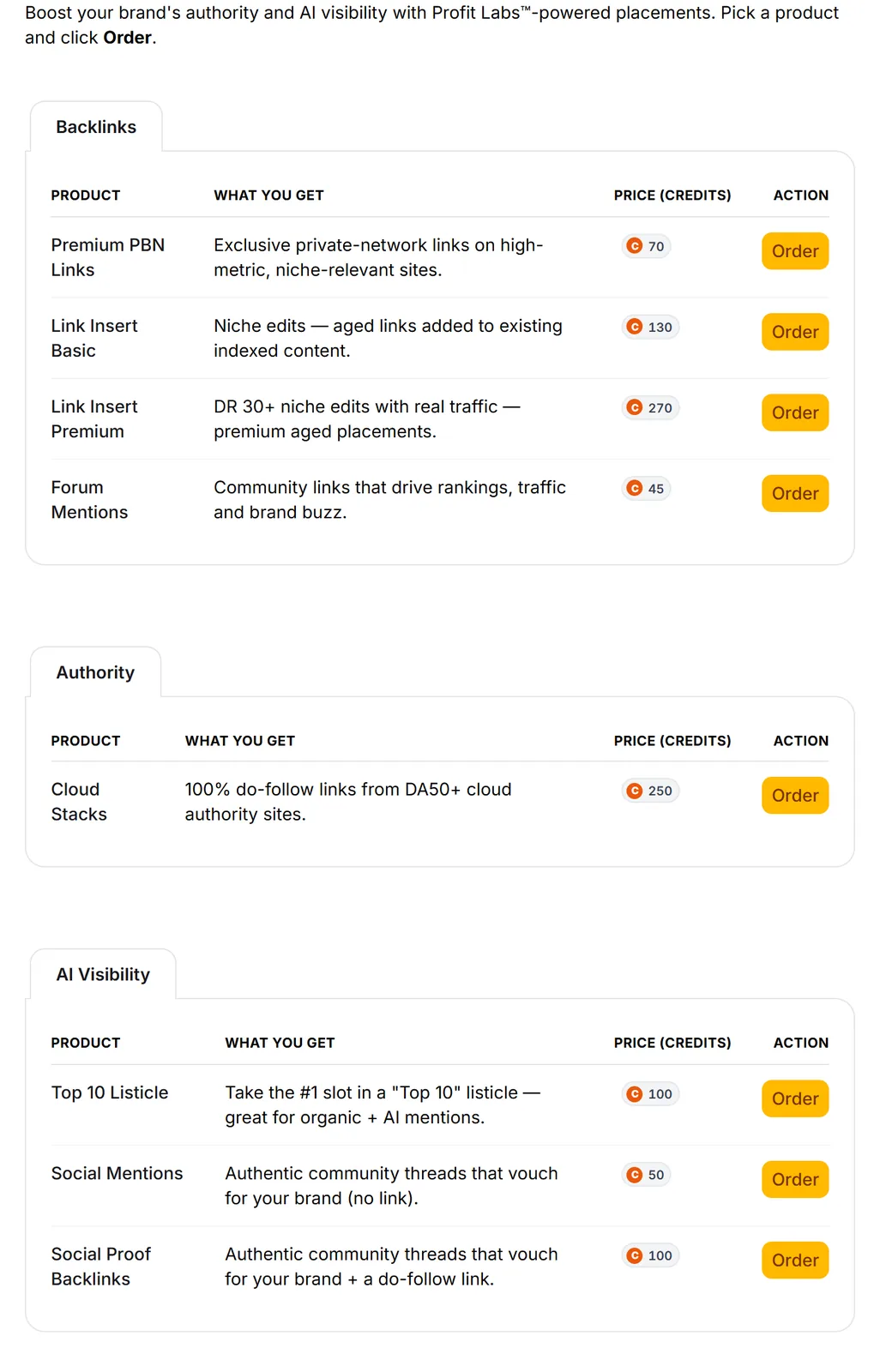 The AI SEO Backlinks catalogue showing Link Insert Basic among the placement types, each row listing what you get and its cost in credits beside an Order button.