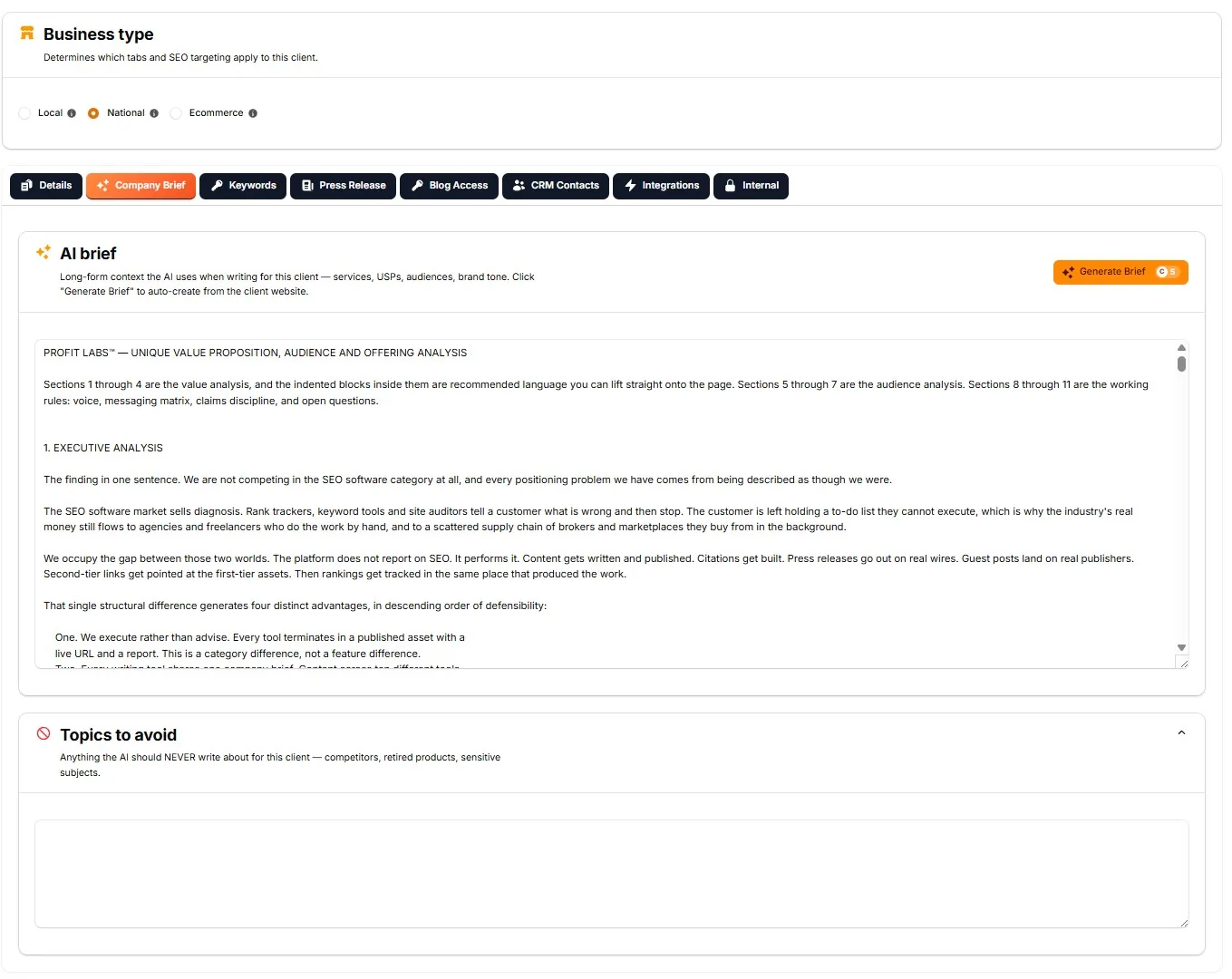 The Company Brief tab on a client record: a long-form AI brief describing the business, with a Generate Brief button, and a separate Topics to avoid field.