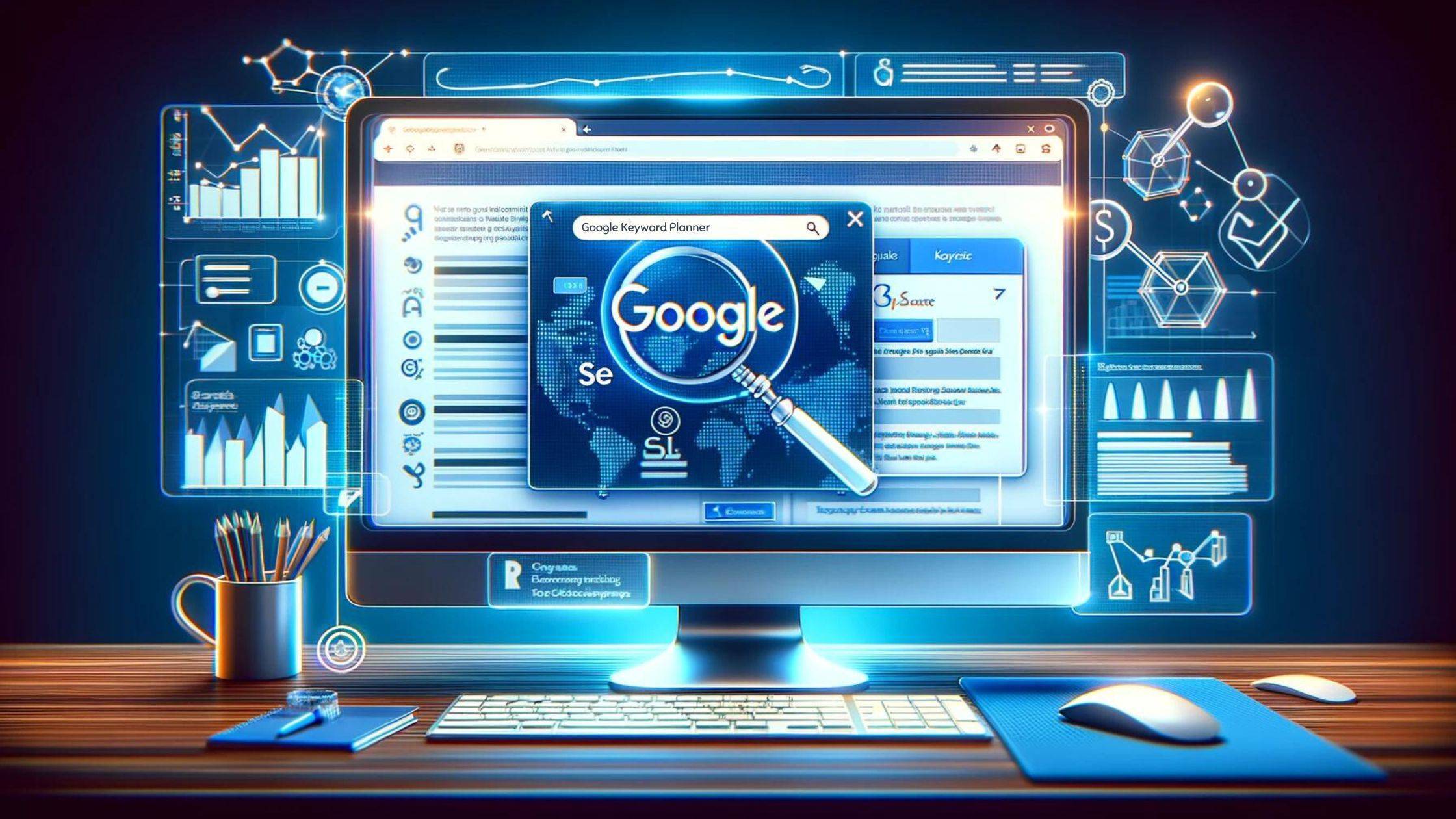 A digital-themed blog banner design featuring a search engine window displayed on a computer screen. The window should prominently show a keyword planner