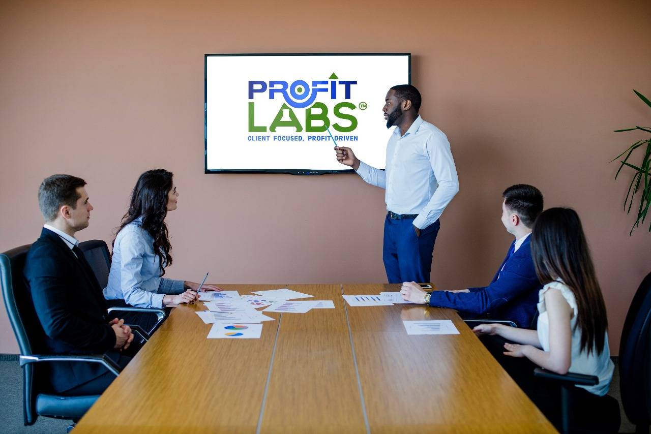 conference room meeting with client with Profit Labs logo on the projector screen