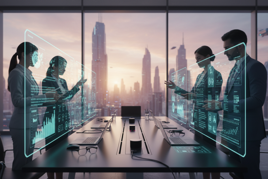 A futuristic office setting with a professional digital marketing team collaborating on AI SEO strategies. In the foreground, a diverse group of three business professionals, dressed in business attire, gathered around a large touchscreen displaying data analytics and keyword strategies. The middle layer features a sleek, modern conference table with laptops, notepads, and digital marketing ads visible. In the background, large windows reveal a city skyline bathed in warm, natural light, creating an inviting atmosphere. The scene reflects energy and innovation, with soft glow from the screens enhancing the tech-savvy vibe. Use a wide-angle lens to capture the entire environment, highlighting the synergy between AI technology and human collaboration for effective marketing transformation.