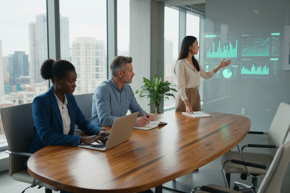 A modern SEO marketing office scene, featuring a diverse group of three professionals collaborating around a sleek conference table. In the foreground, a young Black woman in business attire is analyzing data on a laptop, while a middle-aged Caucasian man takes notes on a notepad, and an Asian woman is presenting insights on a large screen displaying graphs and analytics. The background reveals large windows with a city skyline, bright natural light flooding the space, creating an energetic atmosphere. The mood is vibrant and focused, emphasizing teamwork and creativity. Use a wide-angle lens to capture the entire scene, highlighting the dynamic interaction among the team members. No text or branding elements should be included in the image.