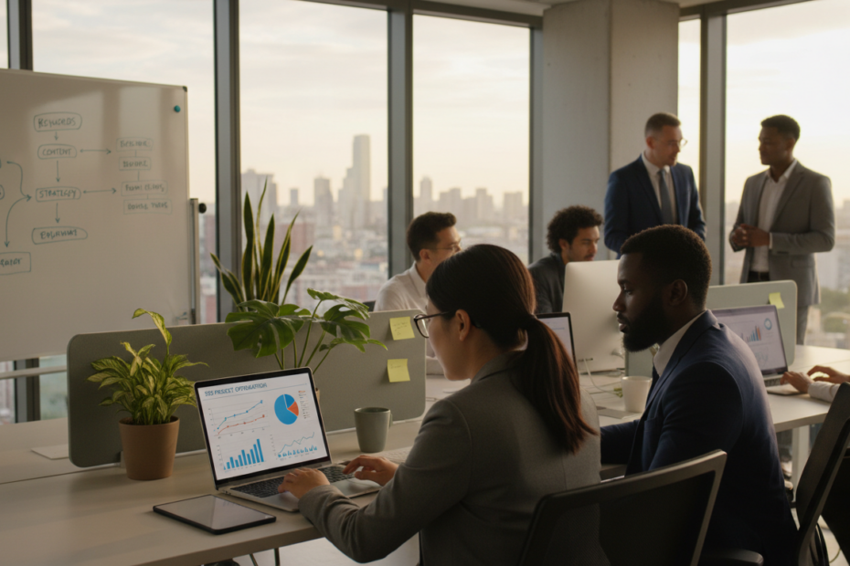 A modern office workspace featuring a diverse group of professionals collaborating on a search engine optimization project. In the foreground, two individuals of different ethnicities, dressed in smart business attire, analyze charts and graphs on a laptop, showcasing SEO performance metrics. The middle ground includes a whiteboard filled with SEO strategies and keywords, along with potted plants for a touch of greenery. In the background, large windows let in natural light, illuminating the spacious, contemporary office setting. The atmosphere conveys focus and innovation, with a soft, warm light to evoke a sense of trust and professionalism. The lens captures the scene from a slightly elevated angle, emphasizing teamwork and a forward-thinking approach to SEO.