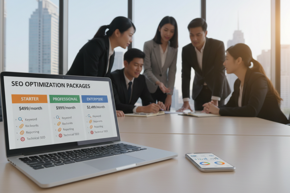 A professional business setting showcasing various SEO price packages. In the foreground, a sleek, modern desk with a laptop open to a website displaying search engine optimization pricing tiers, vibrant with charts and icons. Beside the laptop, a smartphone shows a digital marketing app. In the middle ground, a diverse group of professionals in business attire engages in a discussion, some pointing at the laptop screen, reflecting collaboration and strategy. The background features a large window with city views and natural light pouring in, enhancing the productive atmosphere. Soft, warm lighting casts gentle shadows, creating a welcoming mood. The angle is slightly elevated, providing a comprehensive view of the workspace while ensuring clarity on the SEO pricing visuals.