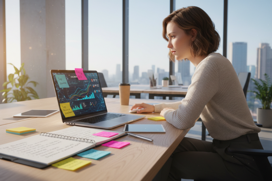 A professional workspace showcasing the concept of "AI SEO." In the foreground, a sleek laptop displays a vibrant analytics dashboard, depicting traffic graphs and AI algorithms. Beside it, a notebook filled with SEO strategies lies open, with colorful sticky notes scattered around. In the middle, a focused business professional in smart casual attire analyzes data, possibly a woman with short brown hair, looking at the screen intently. The background features a modern office with large windows, allowing natural light to flood the space, creating a bright and energetic atmosphere. The overall mood is one of innovation and determination, symbolizing growth and the future of digital marketing. The composition is shot from a slight angle, emphasizing both the vibrant details of the desk setup and the professional's engaged expression.