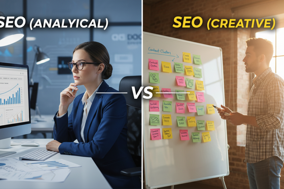 A split-screen visual representing "SEO vs SEO," with each side showcasing different strategies. On the left, an office environment with a professional woman in business attire analyzing website analytics on her computer, surrounded by charts and graphs depicting keyword rankings and traffic statistics. The mood is focused and analytical, with soft blue lighting enhancing a sense of professionalism. On the right, a more casual setting featuring a male SEO expert in smart-casual wear brainstorming ideas on a whiteboard filled with colorful sticky notes and diagrams illustrating various SEO techniques. Dynamic natural lighting pours in through a window, adding an energetic feel to the scene. The background blends elements of digital technology and marketing, creating a balanced composition that highlights the duality of SEO approaches.