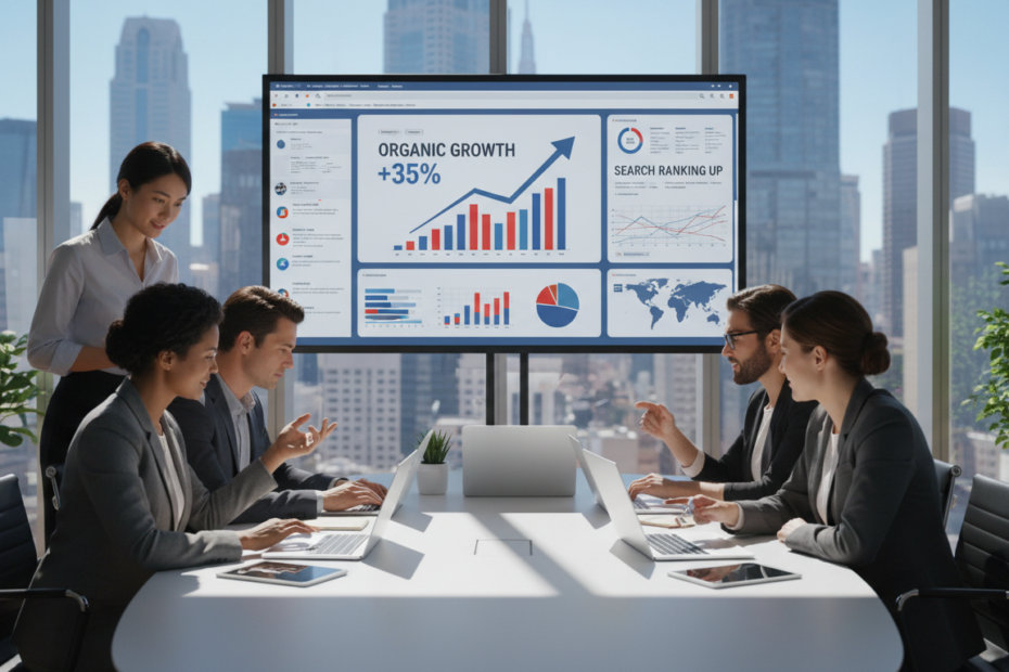 A vibrant and dynamic office environment representing SEO marketing in the United States. In the foreground, a diverse group of professionals in smart business attire huddles around a modern conference table, analyzing charts and graphs on laptops and digital tablets. In the middle ground, a large screen displays SEO analytics and growth trends. The background features large windows with a city skyline visible, symbolizing business success. Bright, natural lighting floods the room, creating an energetic atmosphere. The angle should be slightly elevated, capturing both the team’s engagement and the expansive view, evoking a sense of innovation and collaboration in the digital marketing sphere.