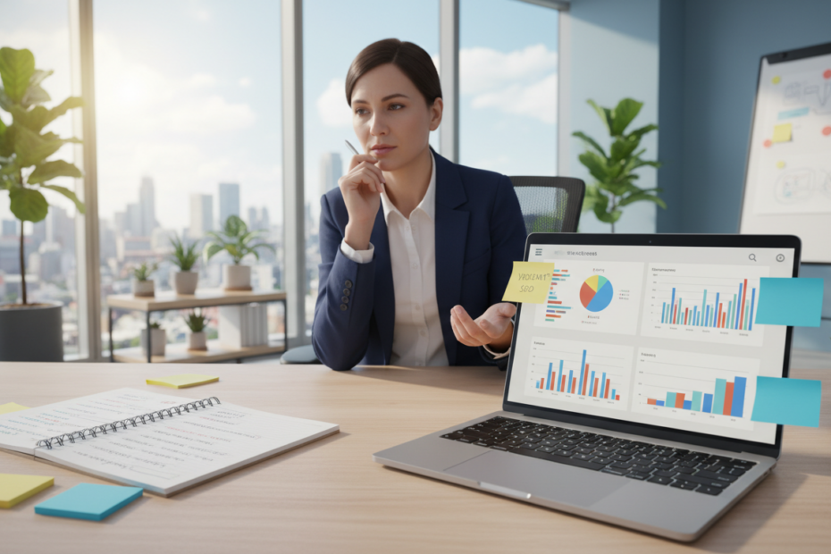 A visually engaging scene depicting a workspace focused on search engine optimization tips. In the foreground, a modern laptop displays colorful graphs and statistics related to website traffic, surrounded by a notepad filled with handwritten tips and sticky notes highlighting keywords. In the middle ground, a professional individual, dressed in smart business attire, is thoughtfully analyzing the data, with a focused expression. The background features a bright, well-lit office environment with a large window showing a cityscape, complemented by indoor plants for a fresh feel. Soft natural light filters through, creating an inviting atmosphere that conveys productivity and innovation. The overall mood is inspiring and professional, perfect for illustrating the growth of online traffic through effective SEO techniques.