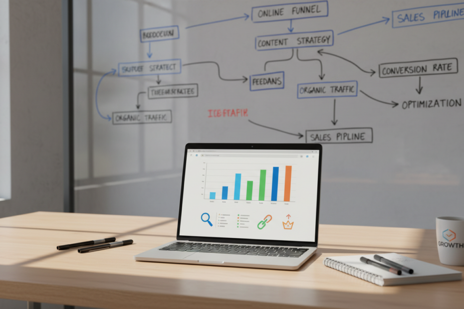 A visually engaging workspace depicting a professional setting focused on search engine optimization (SEO). In the foreground, a sleek laptop displaying colorful analytics graphs and SEO tools. Surrounding the laptop are icons representing keywords, backlinks, and search rankings. In the middle, a modern office desk with notebooks, pens, and a coffee mug, suggesting productivity and creativity. Soft, natural lighting filters through a nearby window, casting gentle shadows. The background features a whiteboard filled with strategic planning notes and flowcharts related to online marketing and sales strategies. The mood is innovative and energetic, ideal for inspiring online business success and growth in a digital landscape. No people are present in the scene, allowing viewers to focus on the tools and environment of SEO.