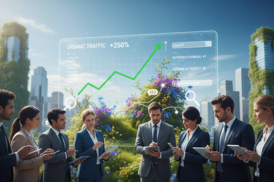 A visually striking and conceptual representation of natural search engine optimization. In the foreground, a diverse group of professionals in smart business attire collaborates around a large digital screen displaying an upward trending graph and various website analytics. In the middle ground, a vibrant, lush landscape symbolizes organic growth, featuring blooming flowers intertwined with digital elements like magnifying glasses and search bars, representing search engines. The background reveals a sleek city skyline, blending nature with technology, under a bright, optimistic blue sky. Soft, natural lighting enhances the scene, highlighting the blend of innovation and nature, while a slight depth of field focuses on the professionals, creating an engaging and inspiring atmosphere that embodies the essence of boosting a website through effective SEO strategies.