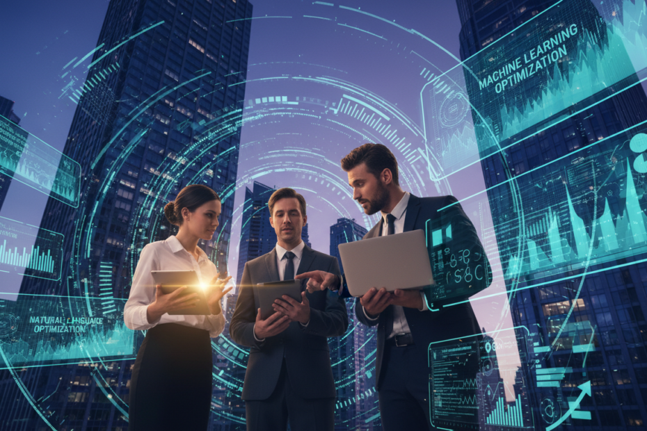 A visually striking composition illustrating "SEO for AI" in a modern digital landscape. In the foreground, a diverse group of professionals in business attire, including a woman analyzing data on a tablet and a man discussing strategies with a laptop open, symbolize collaboration. In the middle, dynamic visual elements like graphs, charts, and glowing lines of code swirl around them, representing data flow and analytics. The background features a futuristic city skyline with large digital screens displaying AI-related keywords and statistics, set against a twilight sky filled with a gradient of deep blue and purple hues, creating a tech-savvy yet inviting atmosphere. Soft, dramatic lighting highlights the professionals and the digital elements, adding depth; the angle is slightly upward, emphasizing growth and innovation in digital marketing.