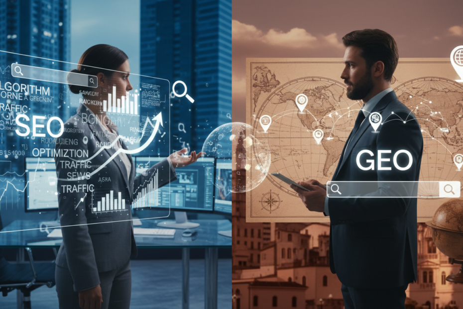 Create a dynamic and visually striking image that contrasts the concepts of SEO and GEO. In the foreground, depict two professional individuals engaged in a lively debate; one representing SEO, characterized by a modern office setting with digital data visuals, graphs, and keywords around them. The other, representing GEO, stands in front of a map with location pins and geographical icons. In the middle ground, include subtle digital elements that signify search engines and geographical mapping. The background should showcase a blend of skyscrapers and local landmarks to embody the urban setting. Use bright, engaging lighting with a slightly balanced cool and warm tone to evoke a sense of professionalism. Capture the atmosphere of insightful discussion and thoughtful comparison without any text or overlays.