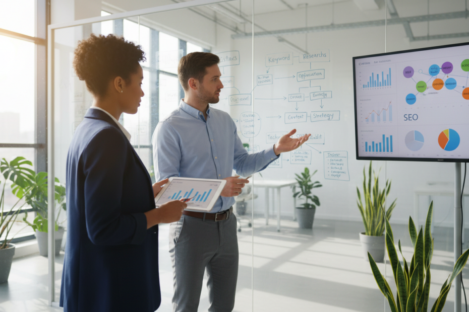 In a modern office setting, a diverse group of three professionals are collaborating on a search engine optimization project. In the foreground, a woman in a sleek blazer holds a tablet displaying SEO analytics, while a man in business casual attire points towards a digital screen filled with colorful graphs and keyword research data. The middle ground features a large whiteboard filled with brainstorming notes and flowcharts. The background showcases a bright, airy office with large windows, sunlight streaming in, and green plants adding a fresh touch. The overall mood is dynamic and focused, highlighting teamwork and innovation in the SEO industry. Use soft, natural lighting to create an inviting atmosphere, captured with a wide-angle perspective for depth.