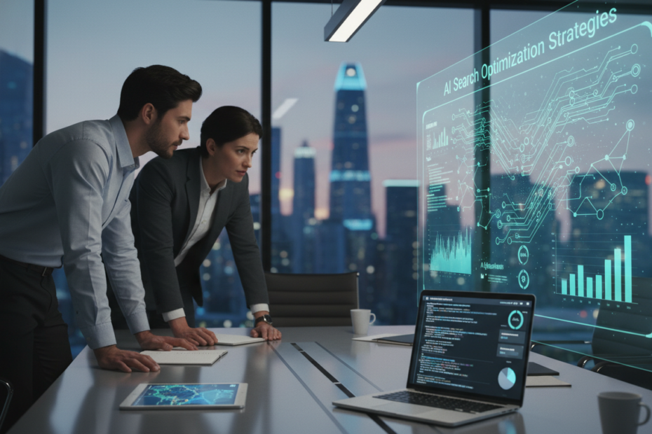 In a modern office setting, a diverse group of three professionals, two men and one woman, is gathered around a sleek, high-tech conference table. They are intensely focused on a large digital screen displaying complex graphs and data related to AI search optimization strategies. The foreground features a laptop with open analytical tools and AI algorithms. In the middle, a digital screen projects vibrant visuals of search engine algorithms and abstract data patterns, symbolizing optimization. The background showcases a city skyline through a glass wall, hinting at a tech-forward environment. Soft, focused lighting highlights the team’s engaged expressions, creating a productive and innovative atmosphere, emphasizing collaboration and mastery over AI search techniques.
